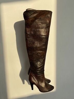 Made in Italy Brown Soft Leather Fold-Over Over-the-Knee Boots Silver Interior